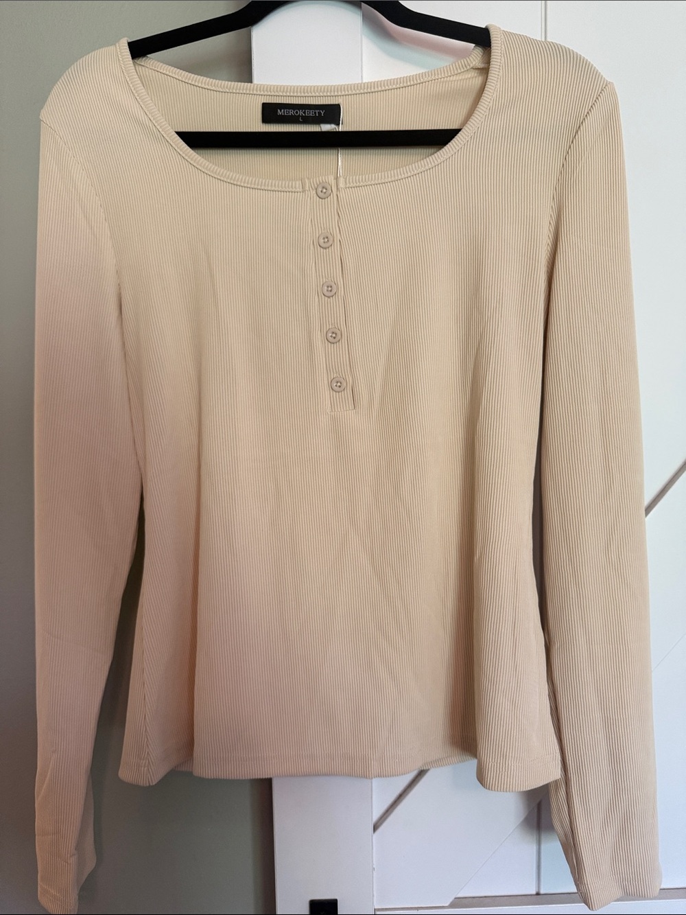 MEROKEETY Beige Ribbed Henley Long Sleeve Top NWT L